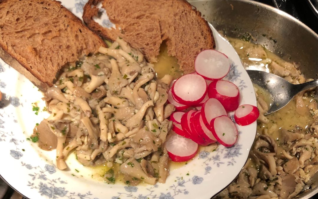 Sautéd Grey Tree Mushrooms with Bee d'Vine Brut