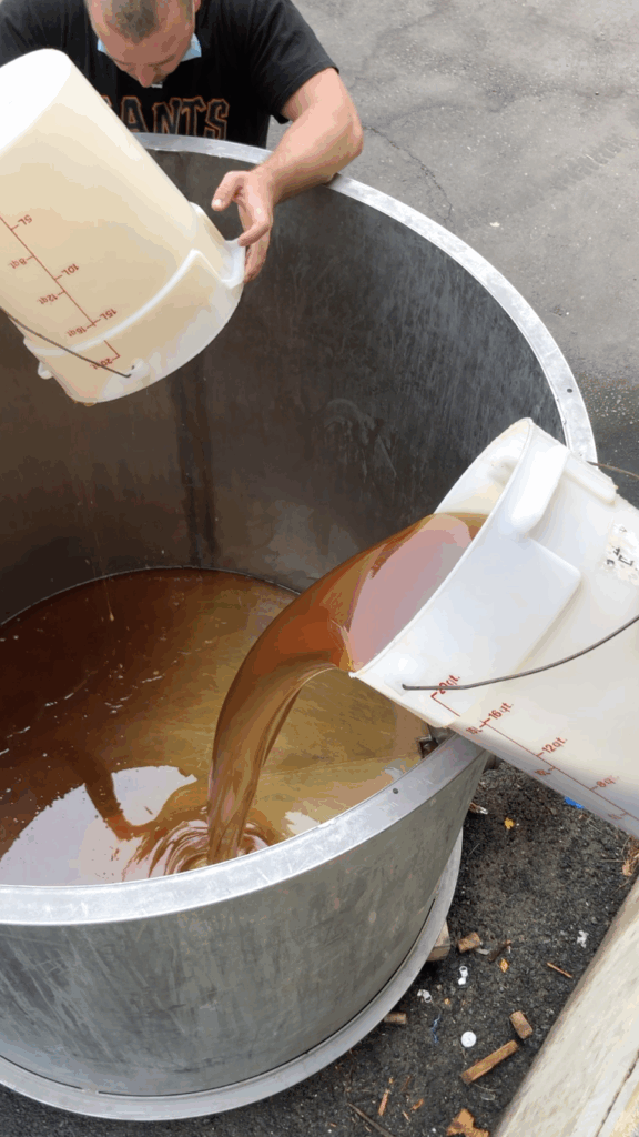 Preparing to hand mix honey and springwater (Bee d'Vine commercial production, Sonoma 2015)